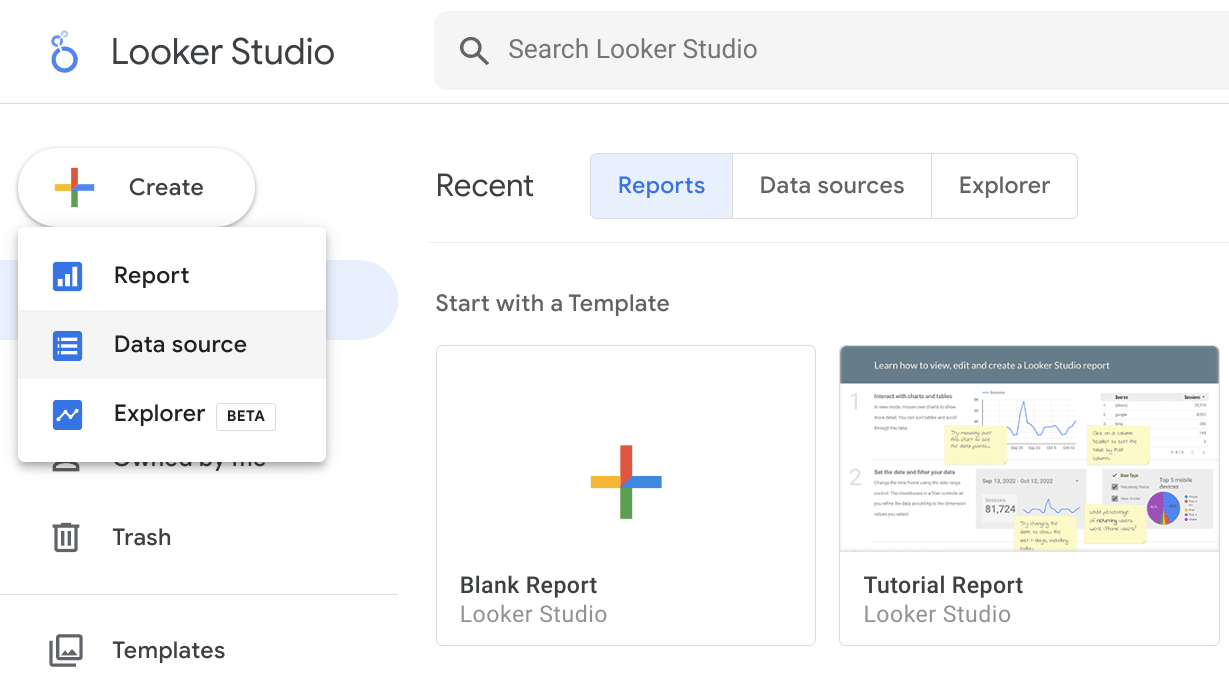 在 Looker Studio 界面中创建新的数据源