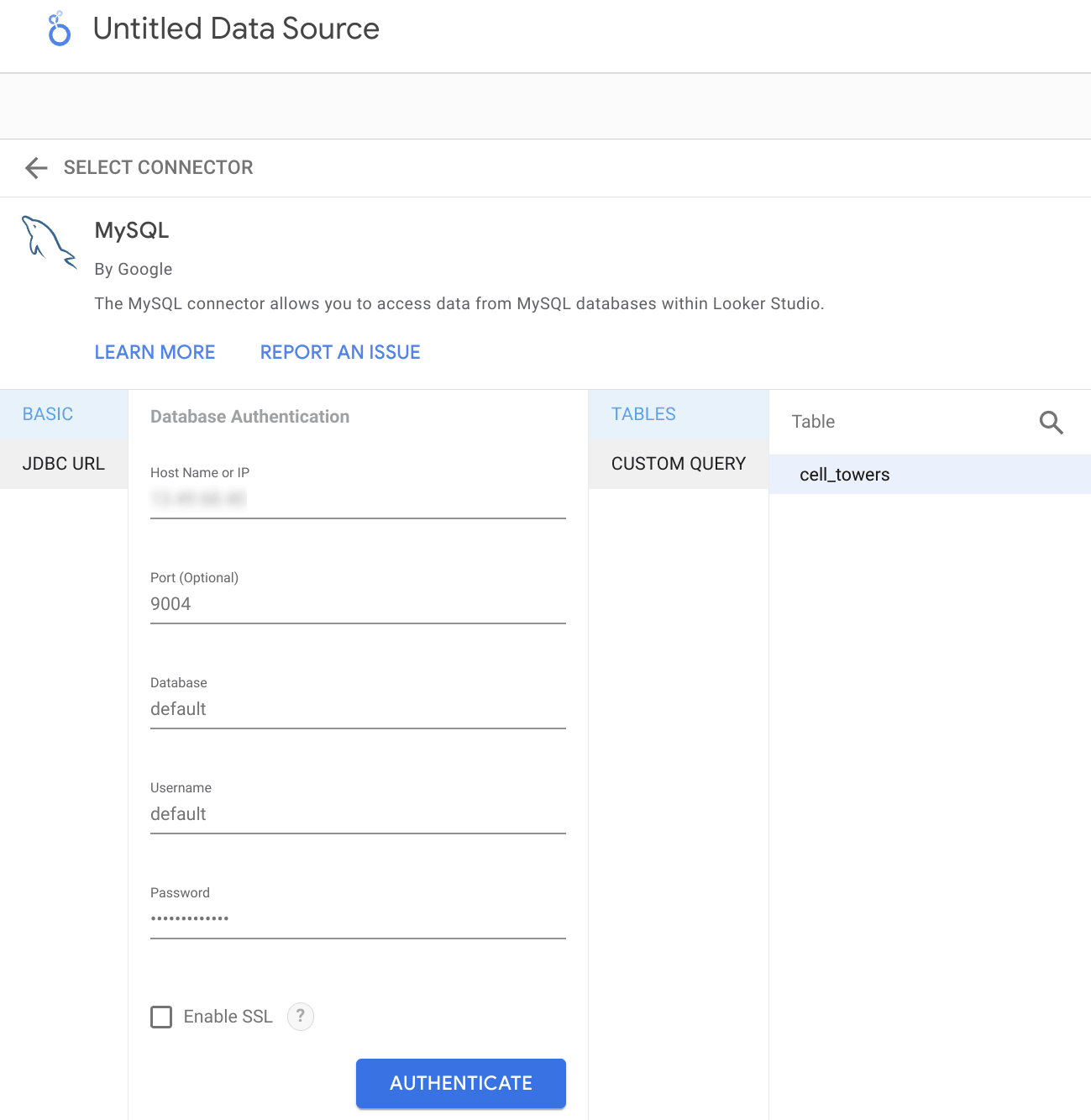在 Looker Studio 中使用 Table Browser 选择 ClickHouse 表