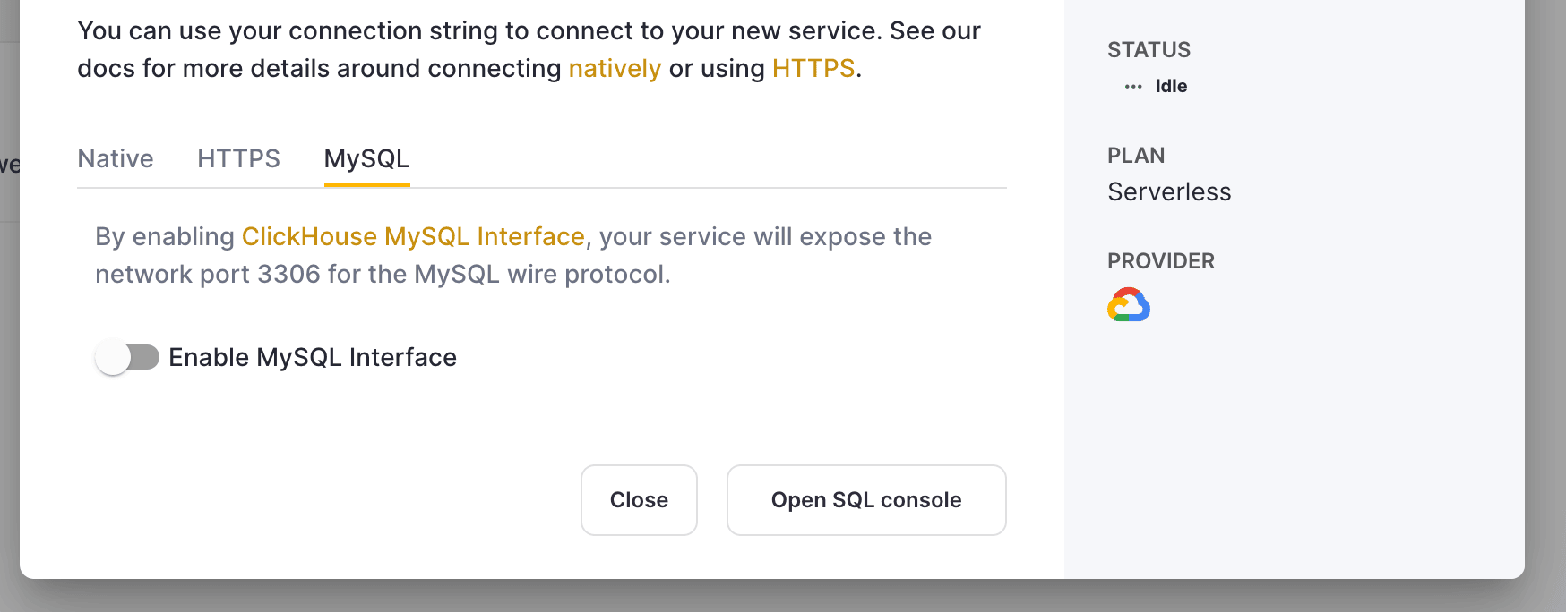 在 ClickHouse Cloud 设置中启用 MySQL 接口