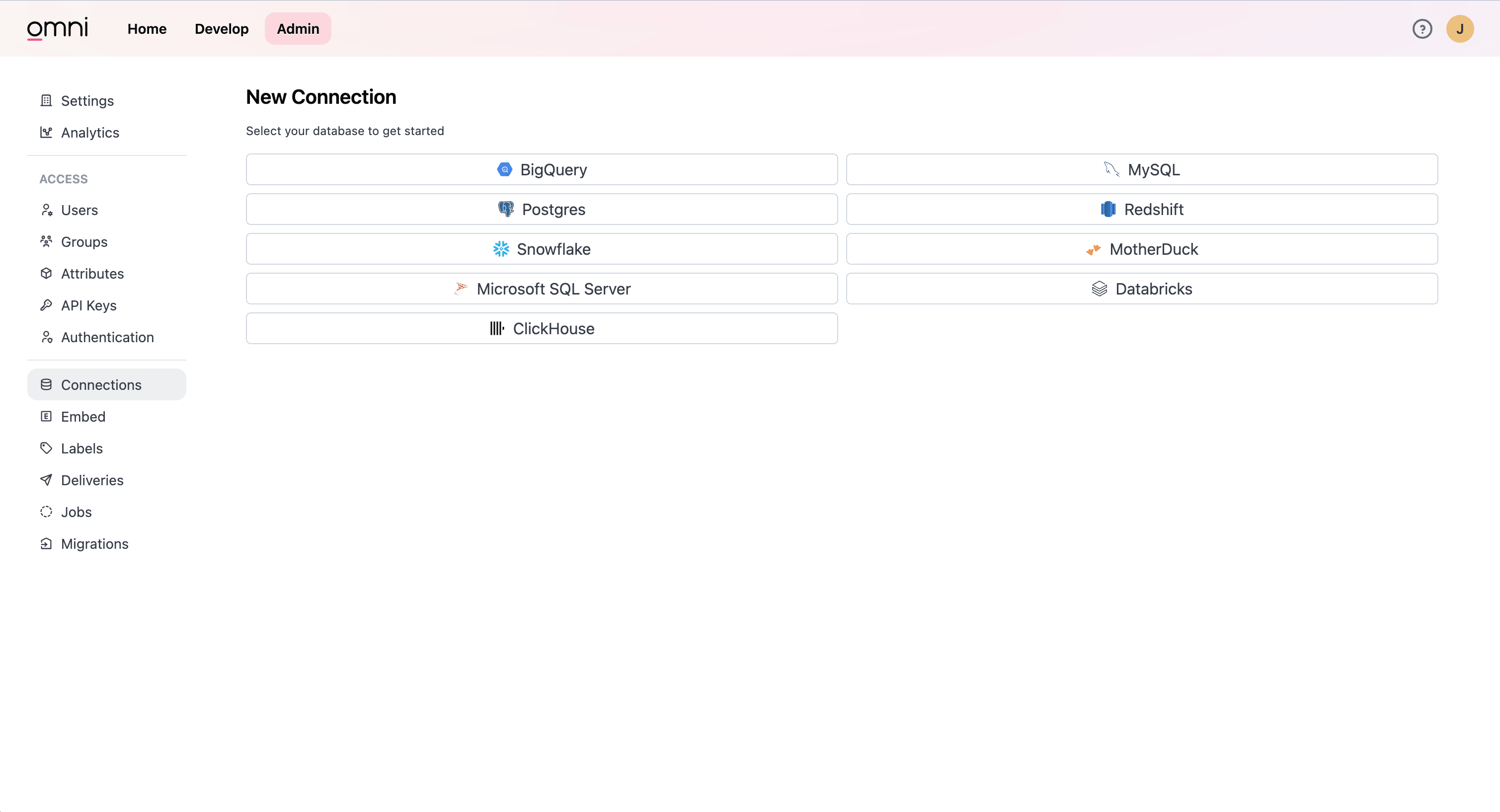 Interfaz de administración de Omni que muestra el botón Add Connection en la sección Connections