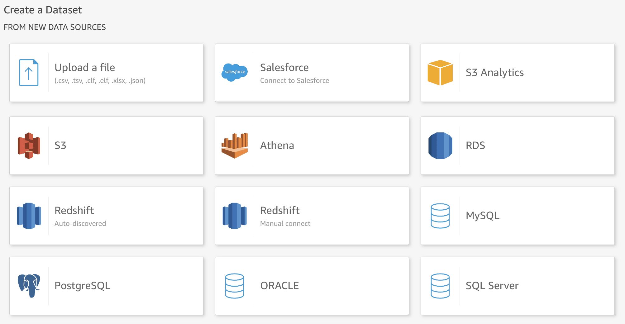 شاشة اختيار مصدر البيانات في QuickSight مع تمييز MySQL في نتائج البحث