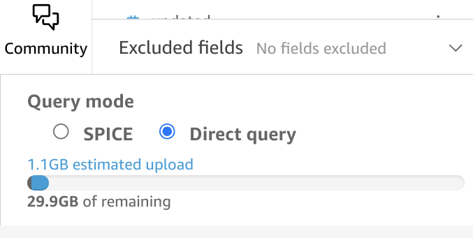 واجهة QuickSight مع تمييز خيار وضع Direct Query في الزاوية السفلية