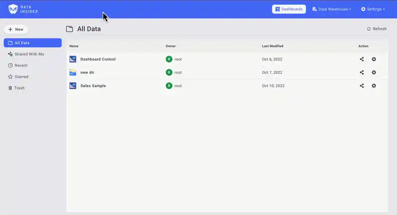 Rocket BI で新しいチャートを作成する手順を示すアニメーション