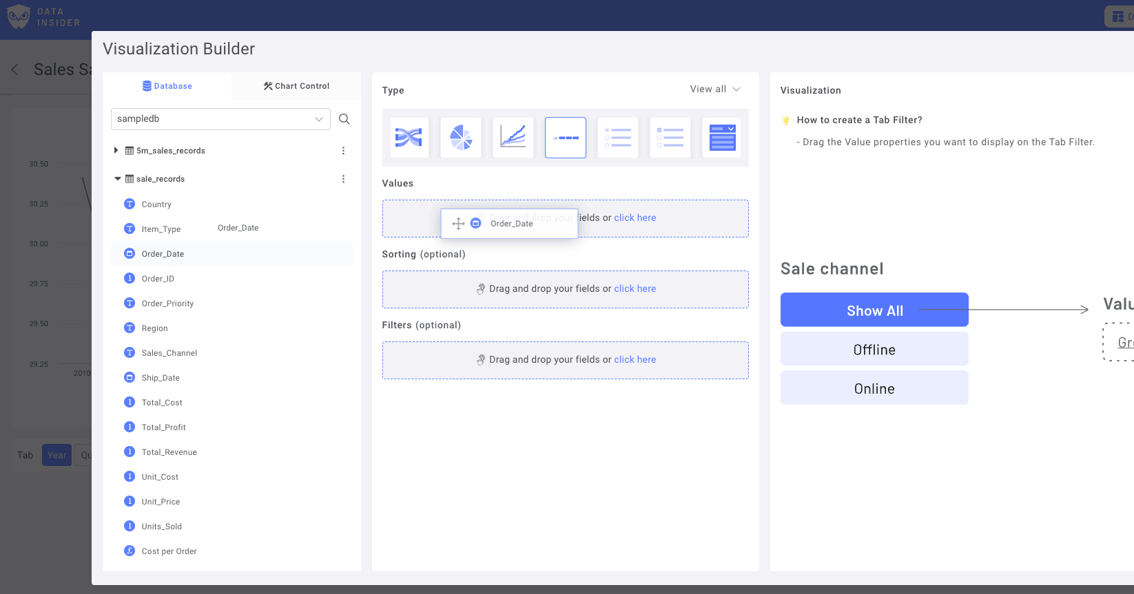 利用可能な日付カラムを表示している Rocket BI の日付フィールド選択インターフェイス