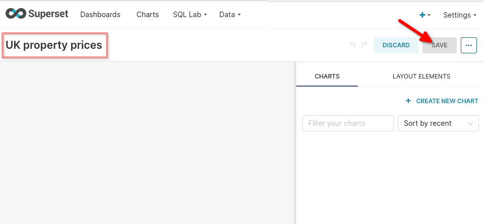 Empty Superset dashboard named UK property prices ready for charts to be added