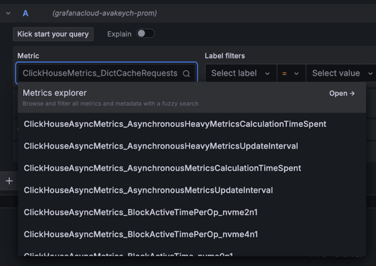 Menú desplegable del explorador de métricas de Grafana