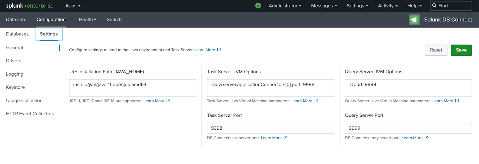 Página de configuración de Splunk DB Connect que muestra la configuración de Java Home