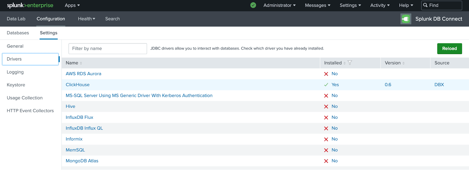 Página de drivers de Splunk DB Connect que muestra el driver de ClickHouse instalado correctamente