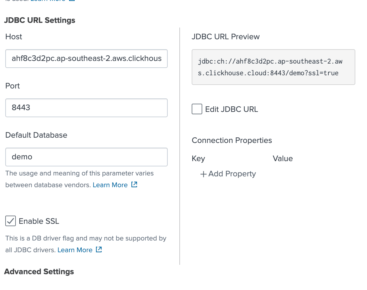 Página de configuración de la conexión de Splunk para ClickHouse