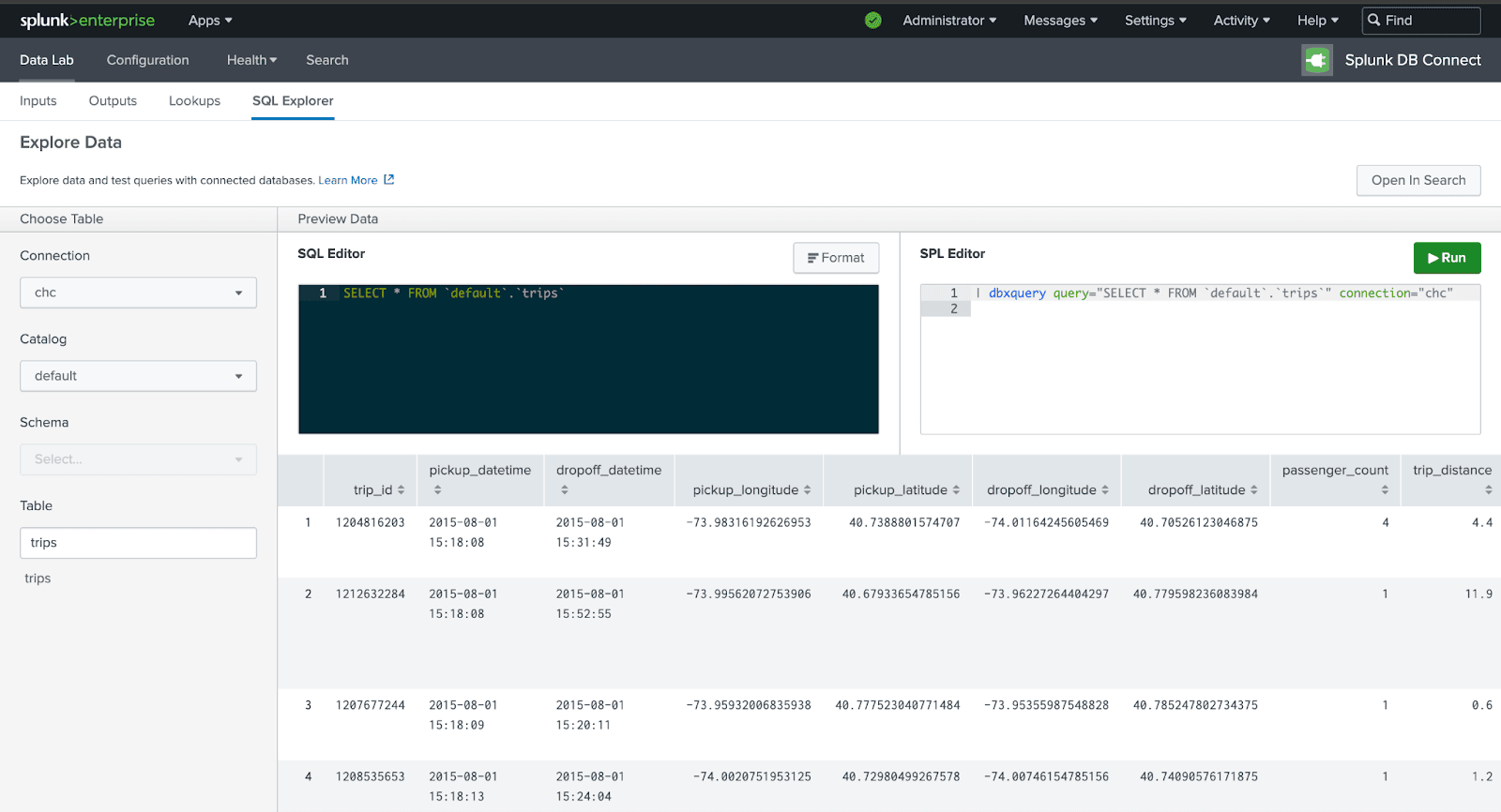 SQL Explorer de Splunk seleccionando la conexión a ClickHouse