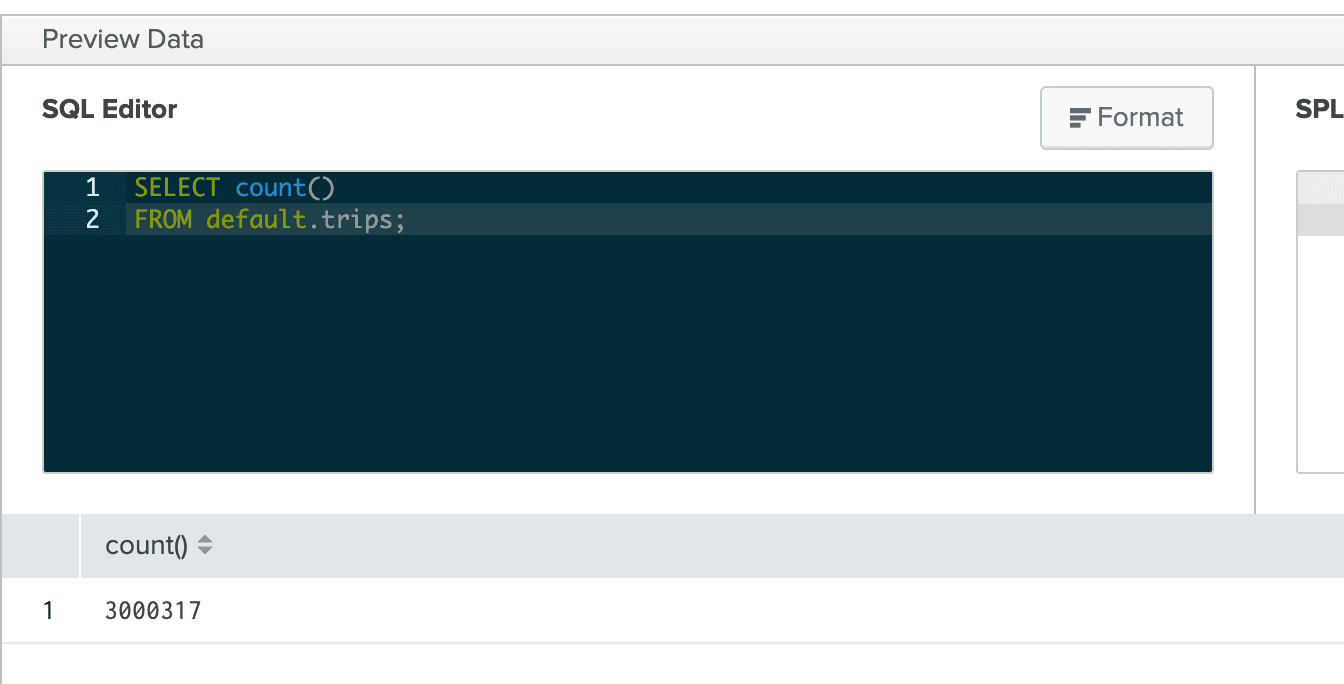 Ejecución de una consulta SQL en Splunk que muestra el recuento de registros en la tabla trips