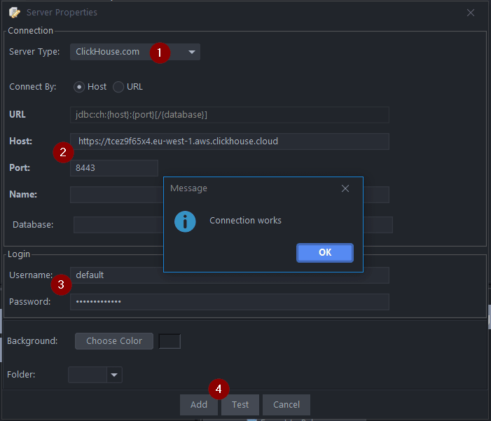 شاشة إعداد اتصال قاعدة البيانات في QStudio تعرض إعدادات الاتصال بـ ClickHouse