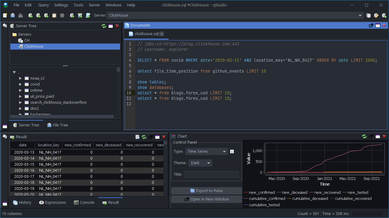 واجهة QStudio تعرض تنفيذ استعلام SQL نموذجي على قاعدة بيانات ClickHouse