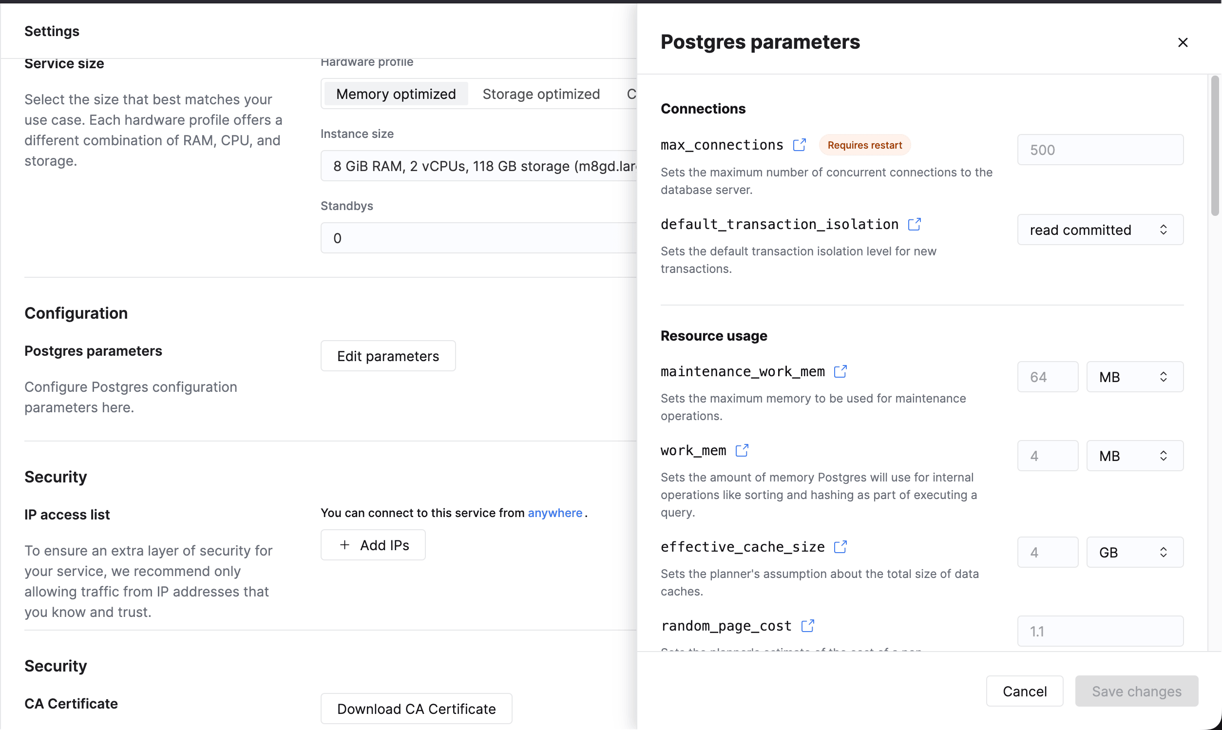 Postgres 매개변수 구성