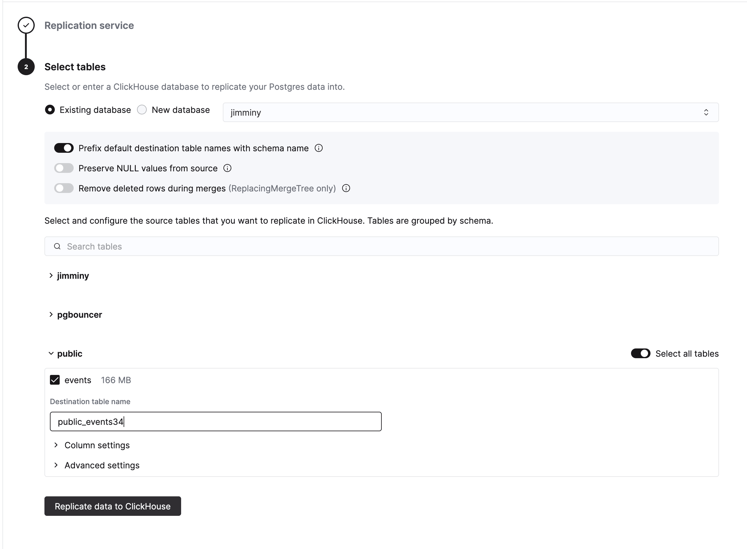 Select tables step showing database selection, replication options, and table picker grouped by schema