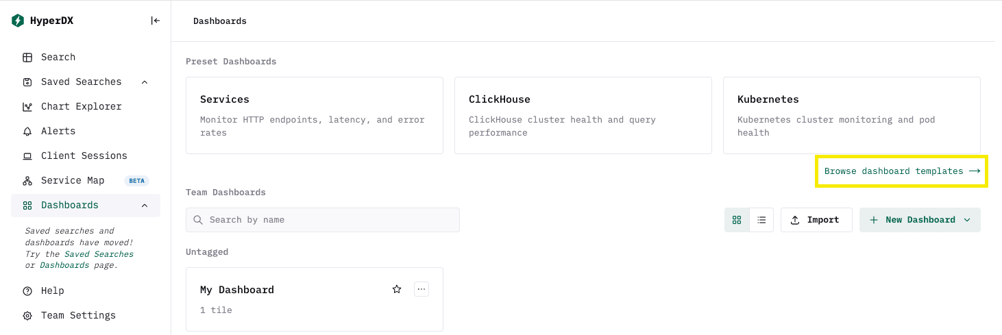 Botão Explorar templates de dashboard