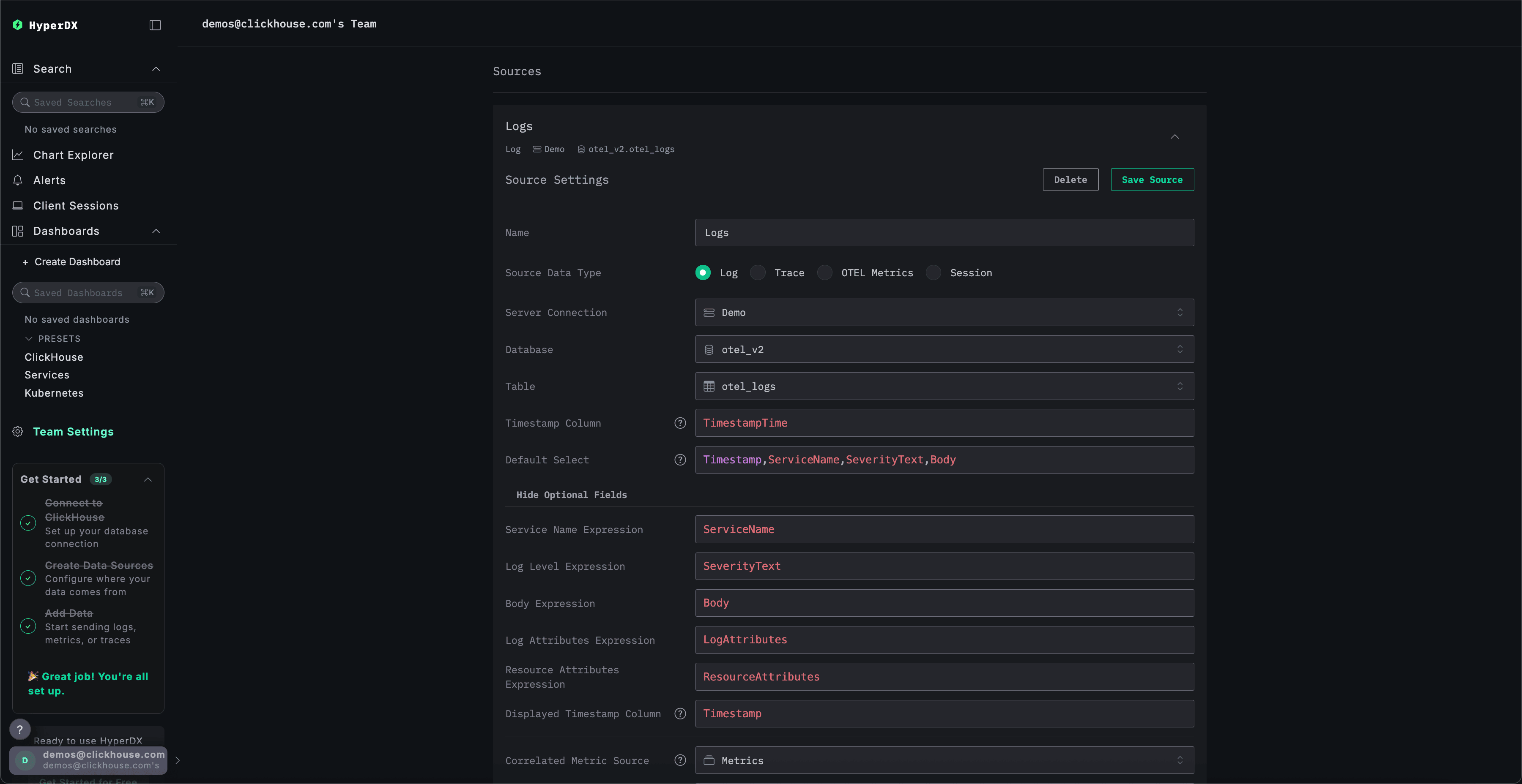 Configuration de la source HyperDX