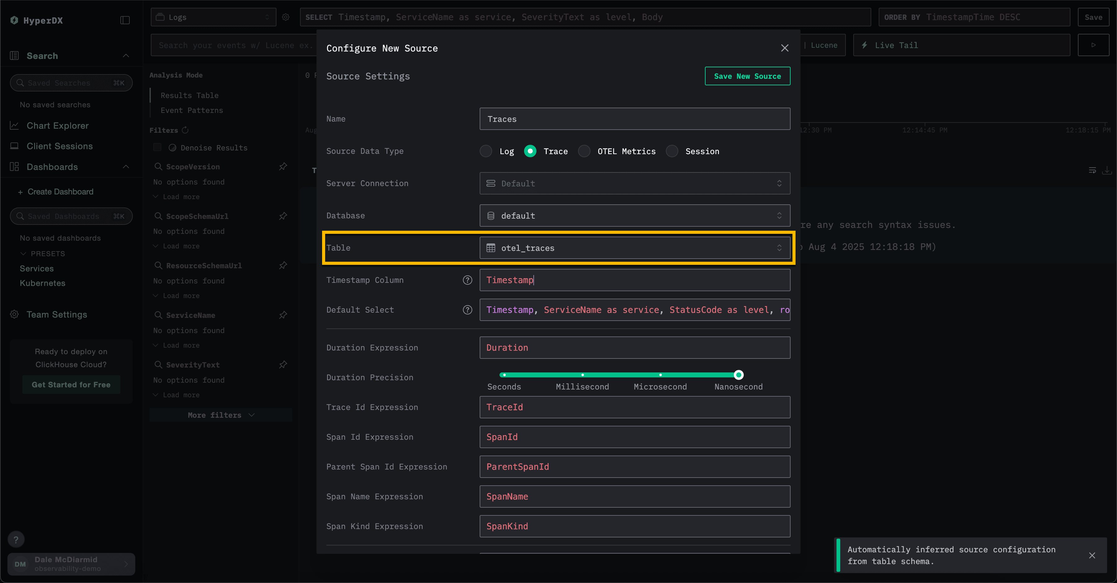 ClickStack créer une source de traces